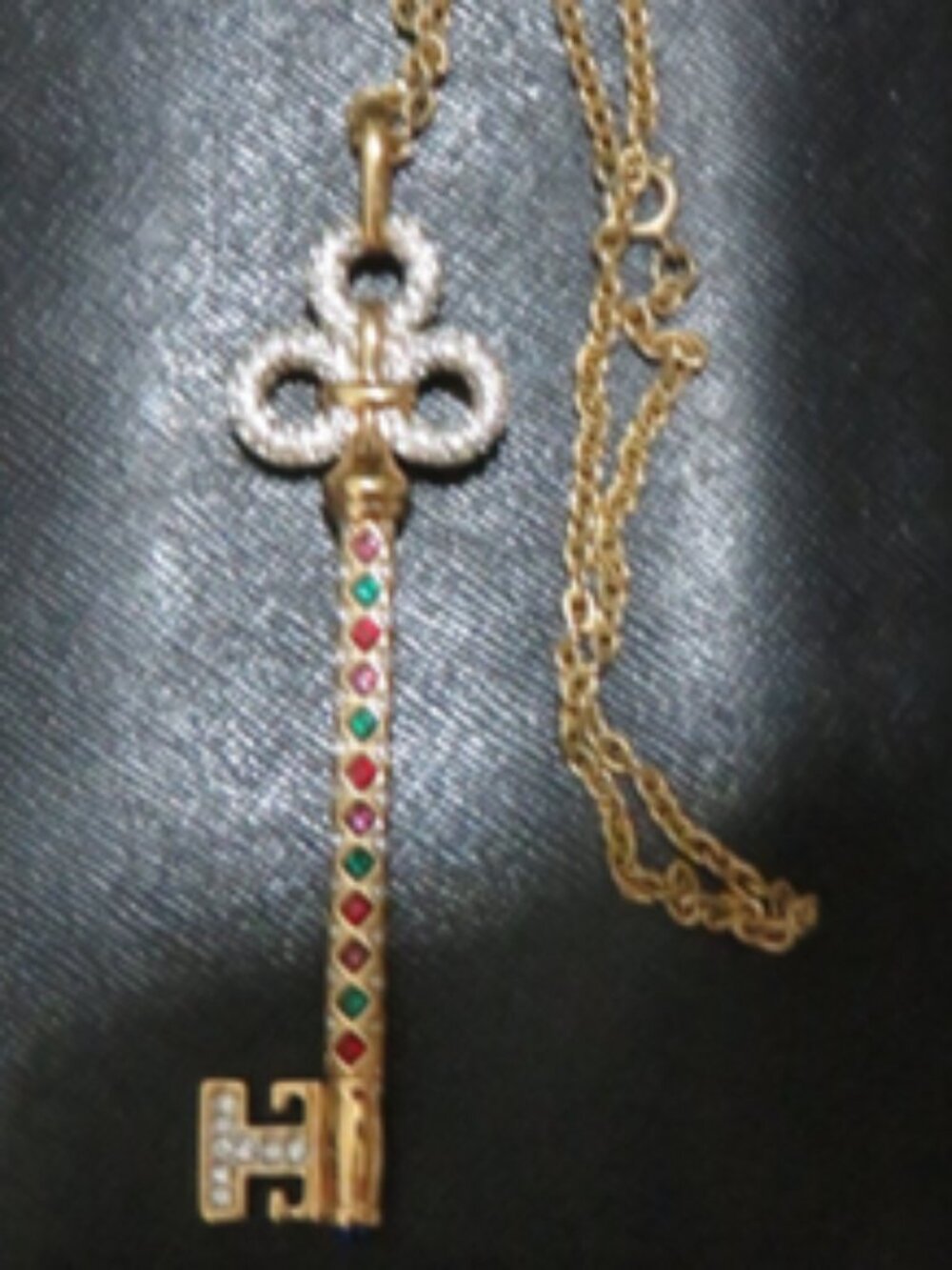 Tory Burch Gold Key Pendant Necklace w Crystal & Multicolor Stone Accents RARE